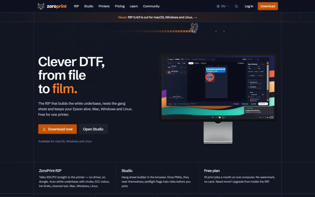 The ZoroPrint homepage: “Clever DTF, from file to film”, next to the ZoroPrint Studio app on a monitor.